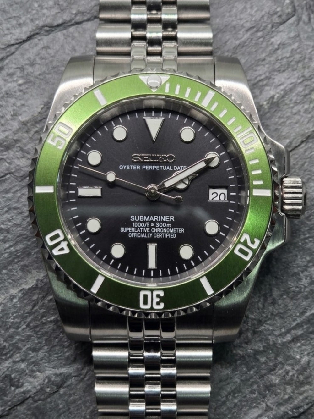 Custom 40mm Automatic Seiko Mod Watch NH35 Kermit Submariner